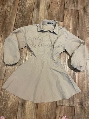 SHEIN Neutral Tan Button-Front Ruched Back Shirt Dress Woman Size XS